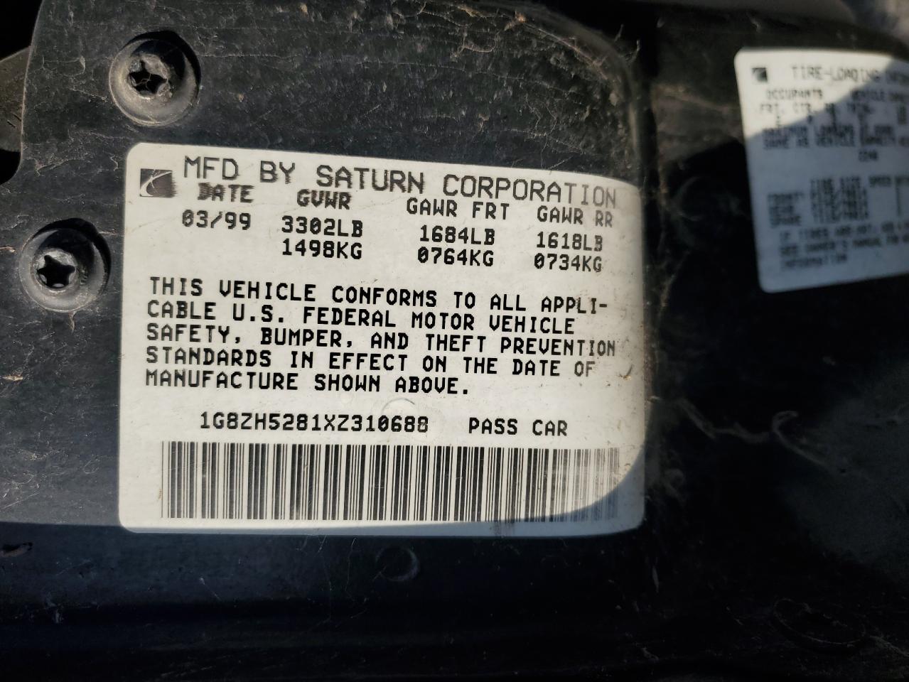 1999 Saturn Sl1 VIN: 1G8ZH5281XZ310688 Lot: 85759015
