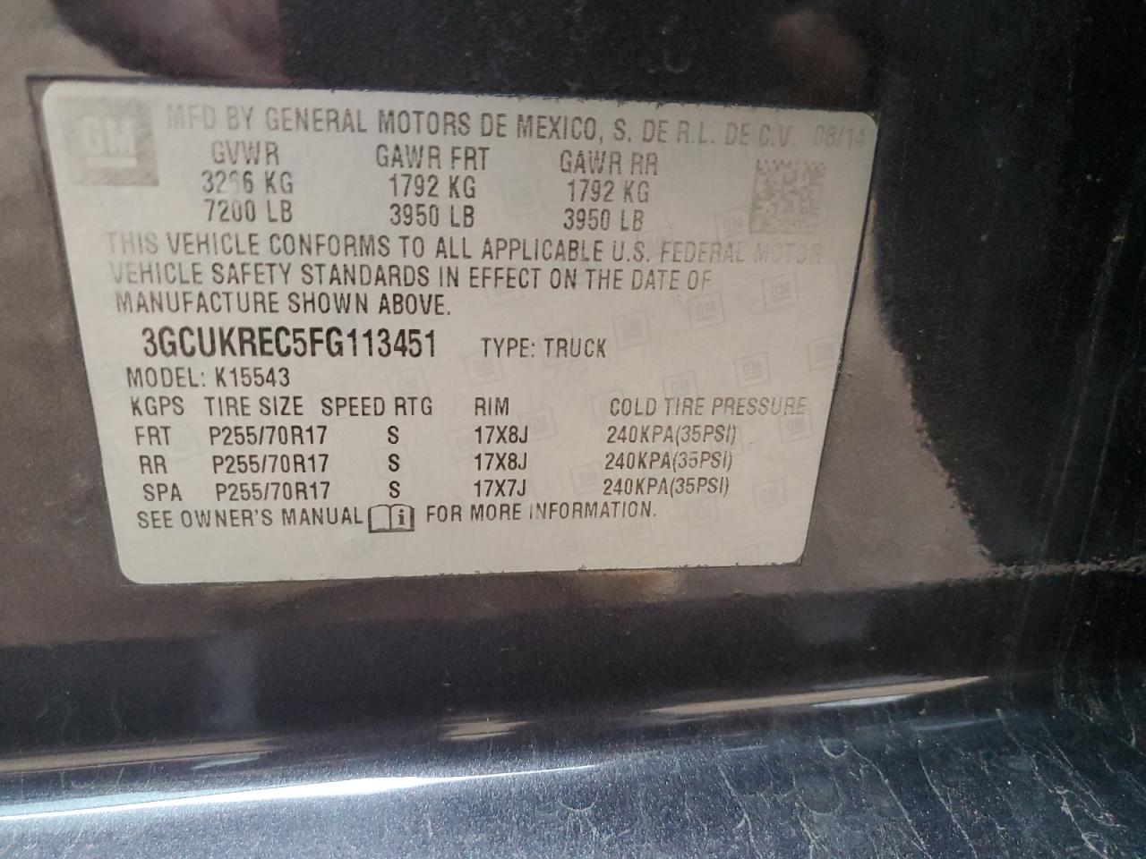 2015 Chevrolet Silverado K1500 Lt VIN: 3GCUKREC5FG113451 Lot: 85583985