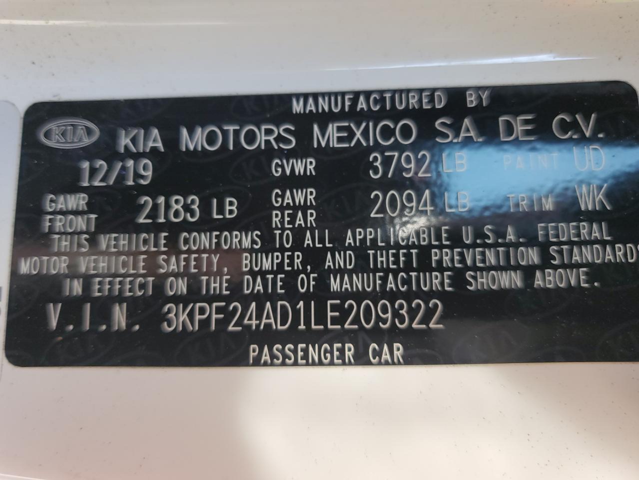 2020 Kia Forte Fe VIN: 3KPF24AD1LE209322 Lot: 85332575