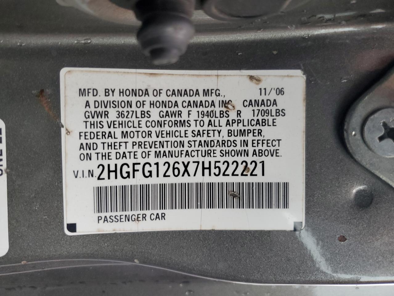 2007 Honda Civic Lx VIN: 2HGFG126X7H522221 Lot: 85686095