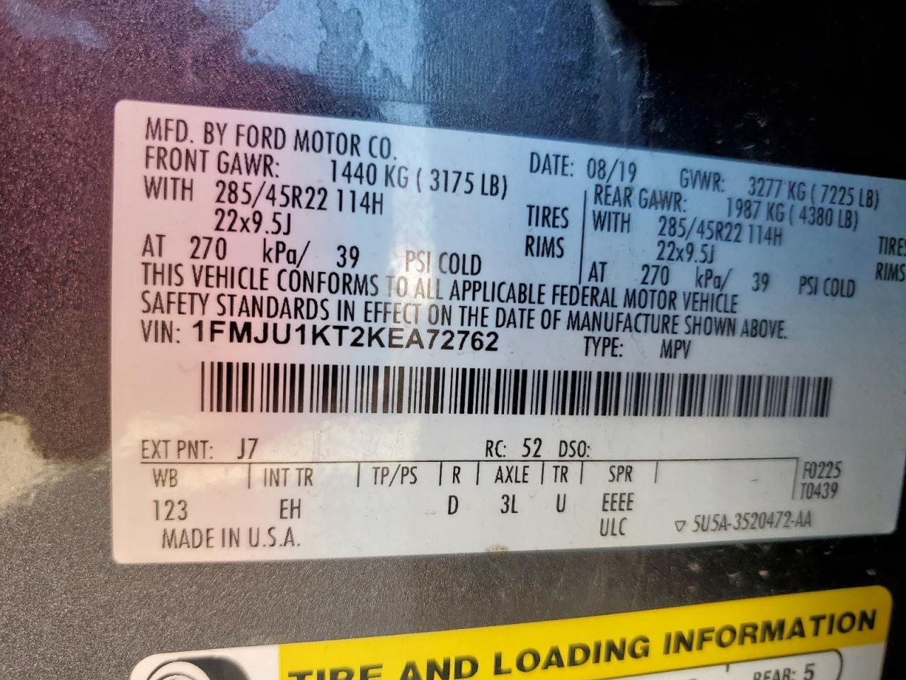 2019 Ford Expedition Limited VIN: 1FMJU1KT2KEA72762 Lot: 84971695