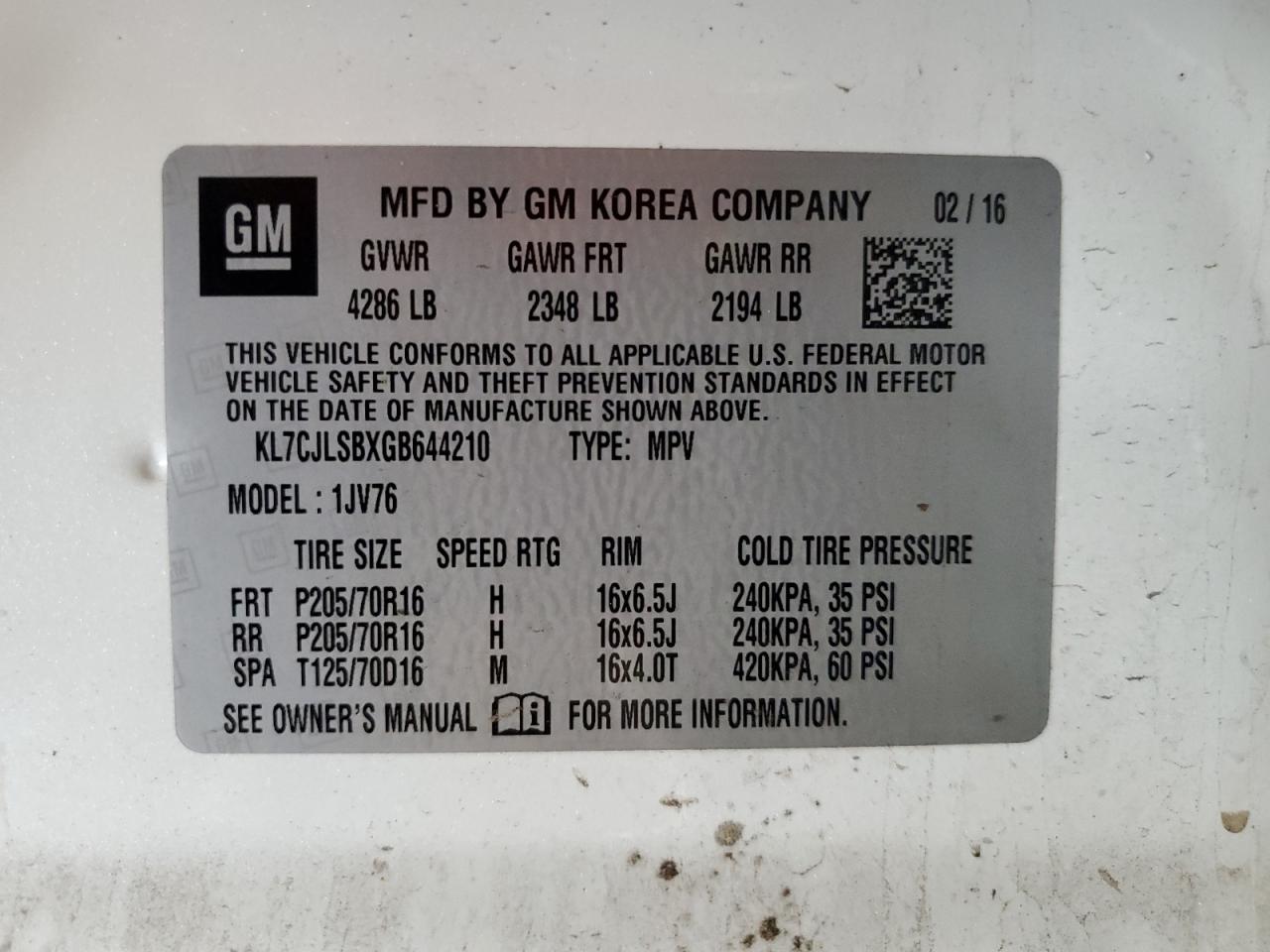 2016 Chevrolet Trax 1Lt VIN: KL7CJLSBXGB644210 Lot: 86164405