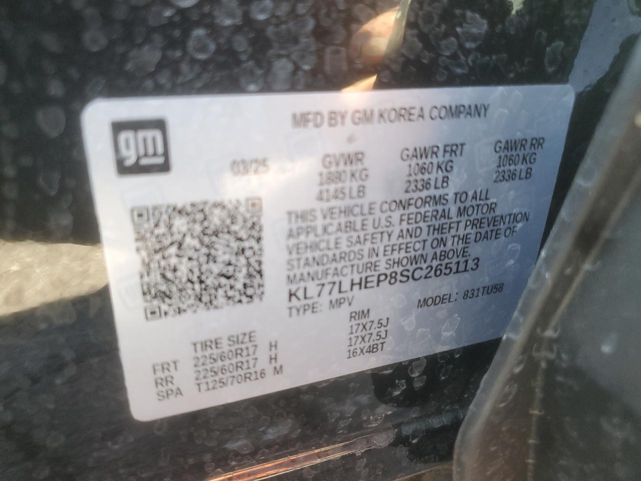 2025 Chevrolet Trax 1Lt VIN: KL77LHEP8SC265113 Lot: 90845005