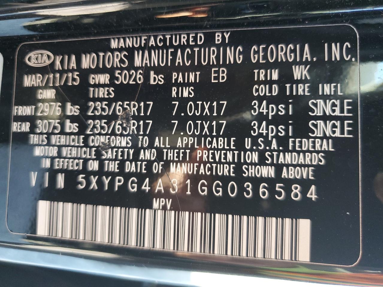 2016 Kia Sorento Lx VIN: 5XYPG4A31GG036584 Lot: 84927435