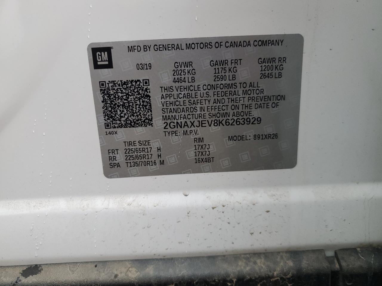 2019 Chevrolet Equinox Lt VIN: 2GNAXJEV8K6263929 Lot: 86133675