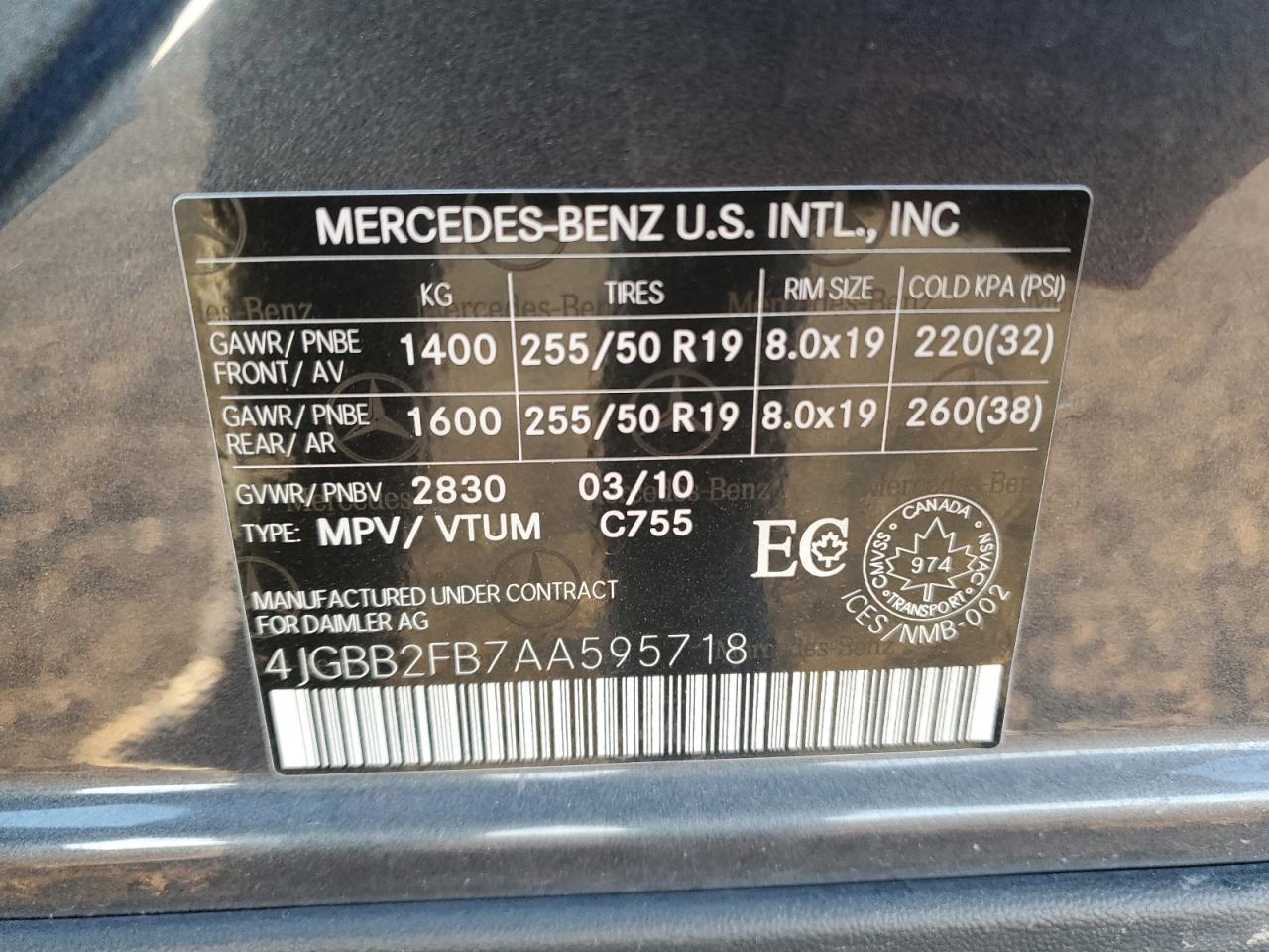 2010 Mercedes-Benz Ml 350 Bluetec VIN: 4JGBB2FB7AA595718 Lot: 82413735