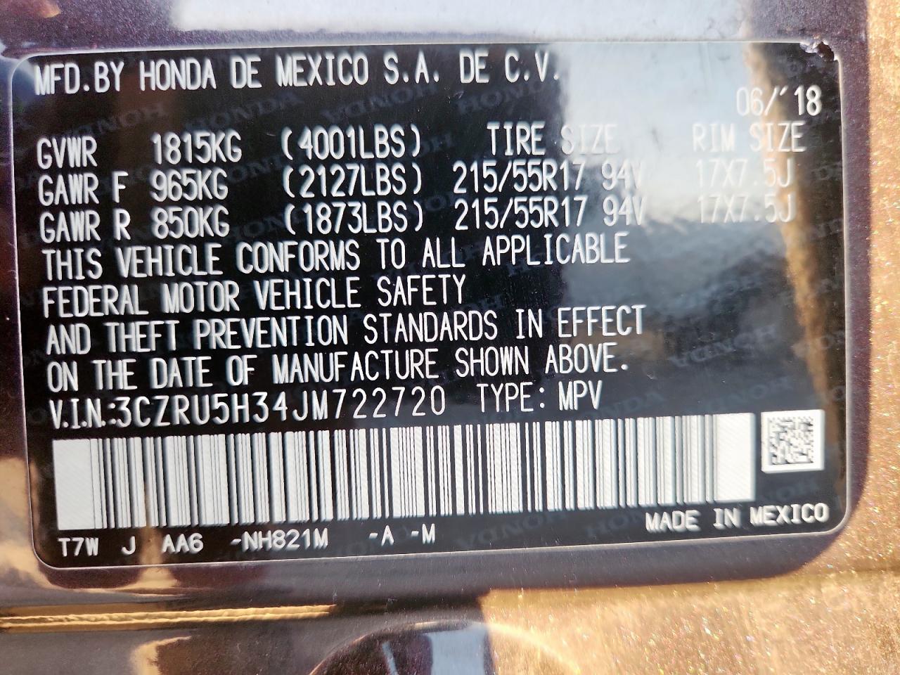 2018 Honda Hr-V Lx VIN: 3CZRU5H34JM722720 Lot: 85341305