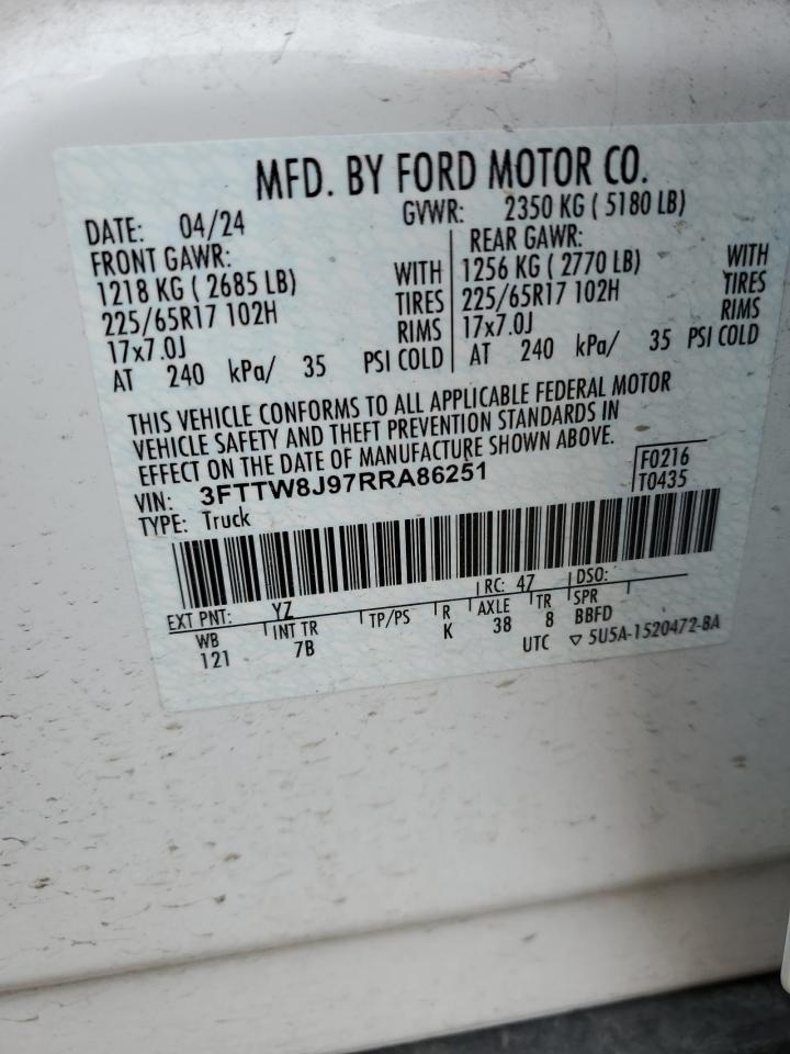 2024 Ford Maverick Xlt VIN: 3FTTW8J97RRA86251 Lot: 87482455