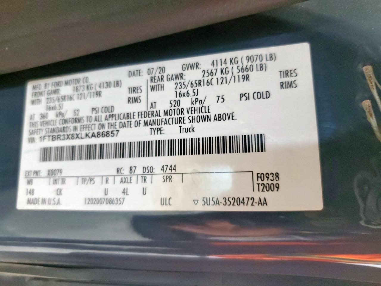 2020 Ford Transit T-250 VIN: 1FTBR3X8XLKA86857 Lot: 86109605