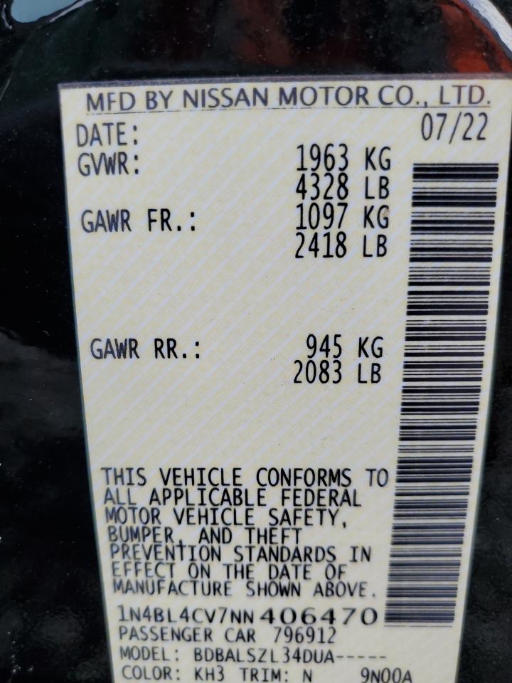 2022 Nissan Altima Sr VIN: 1N4BL4CV7NN406470 Lot: 85502775