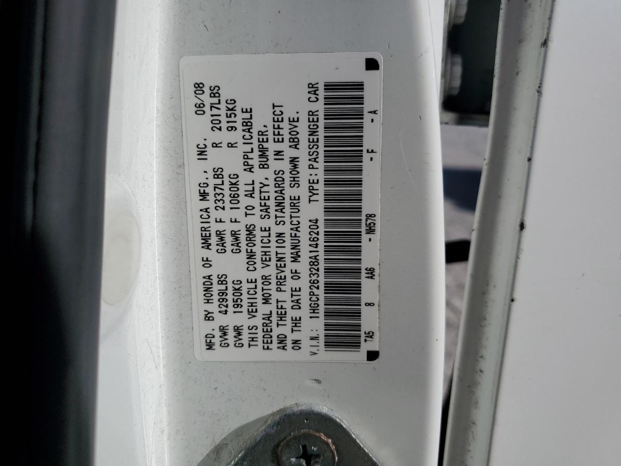 2008 Honda Accord Lx VIN: 1HGCP26328A146204 Lot: 86323995