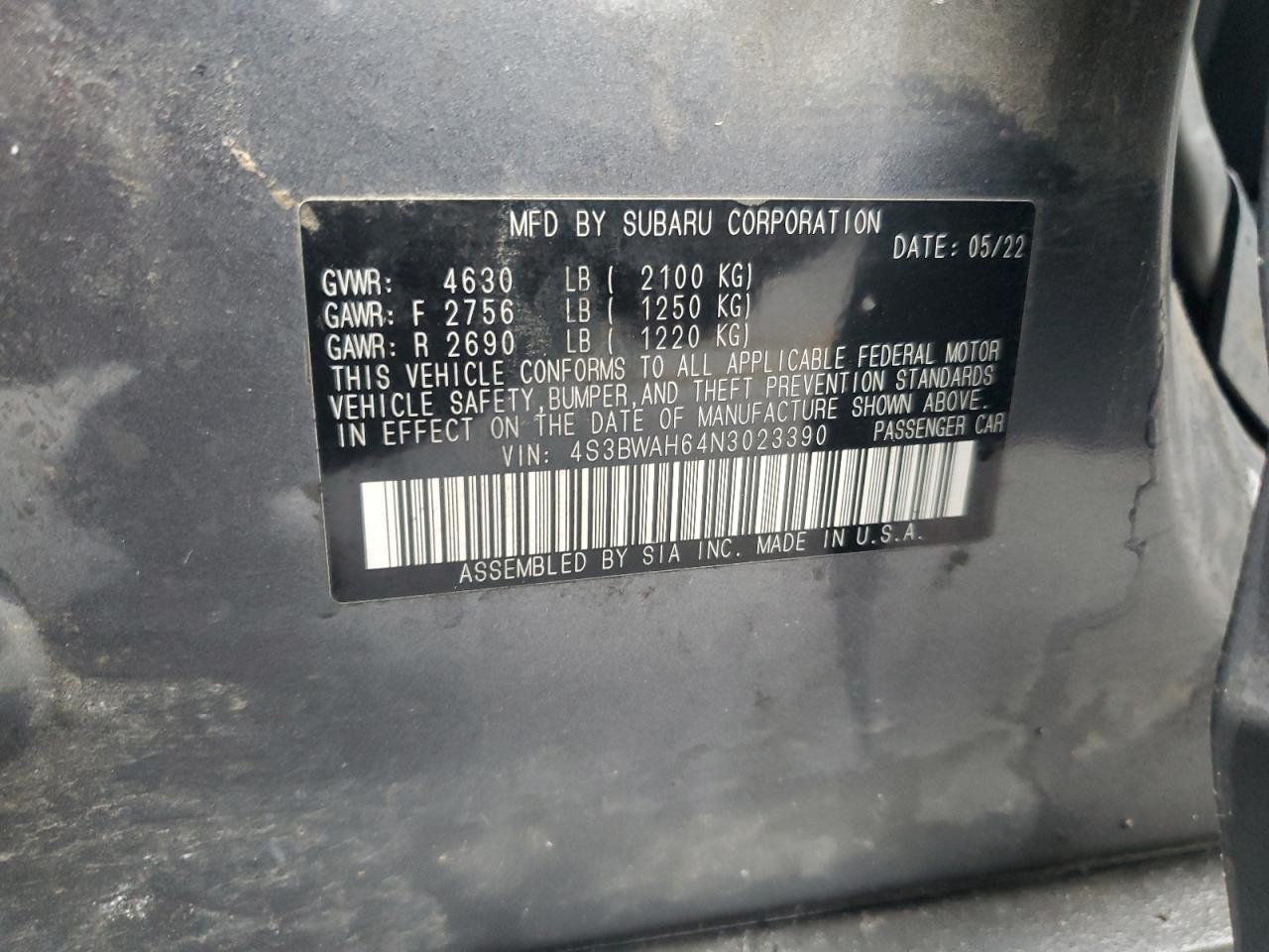 2022 Subaru Legacy Sport VIN: 4S3BWAH64N3023390 Lot: 89887605