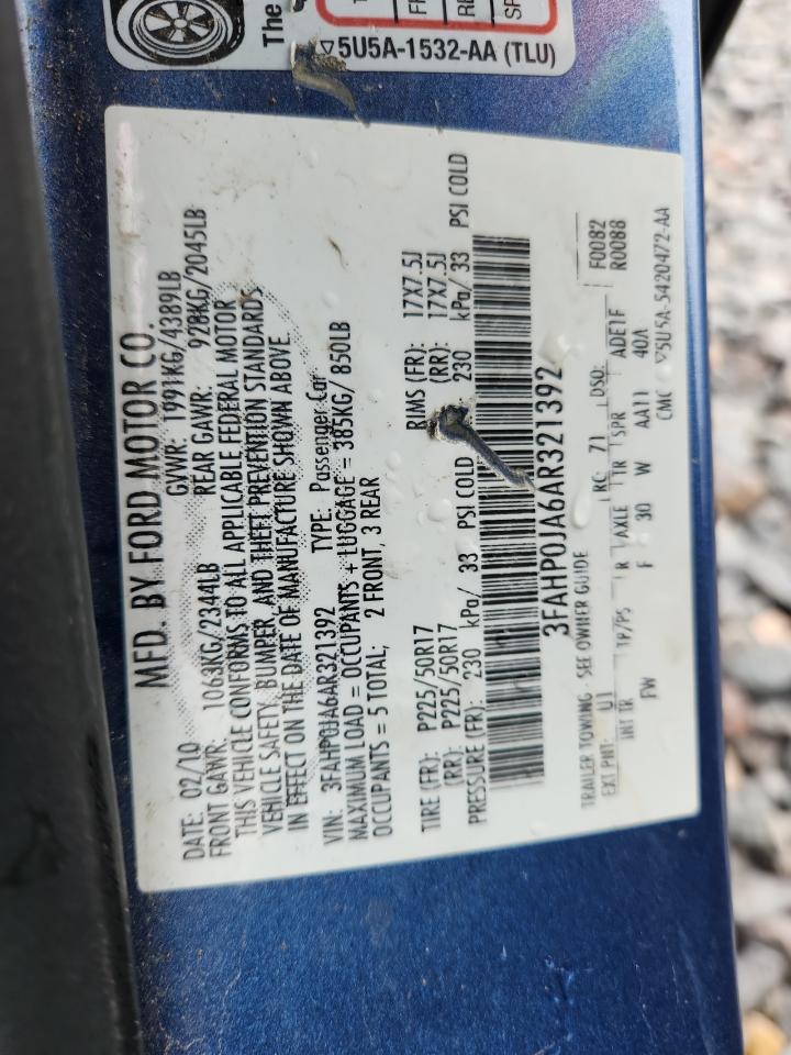 2010 Ford Fusion Sel VIN: 3FAHP0JA6AR321392 Lot: 85814155