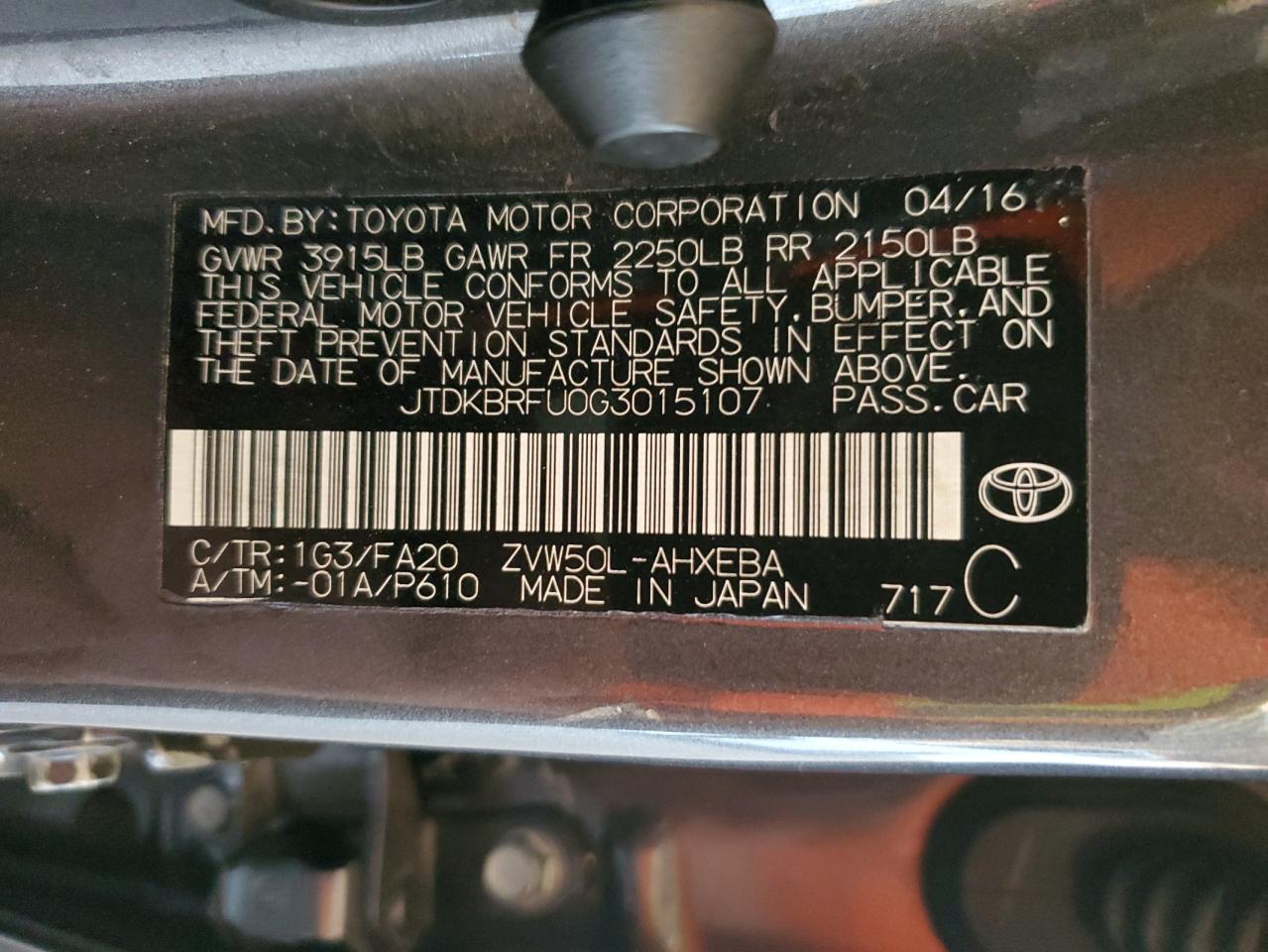 2016 Toyota Prius VIN: JTDKBRFU0G3015107 Lot: 82660625