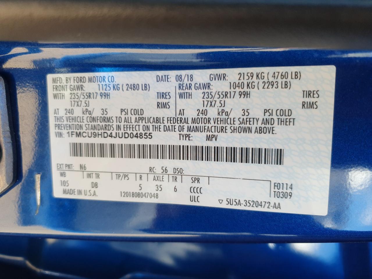 2018 Ford Escape Sel VIN: 1FMCU9HD4JUD04855 Lot: 91101815