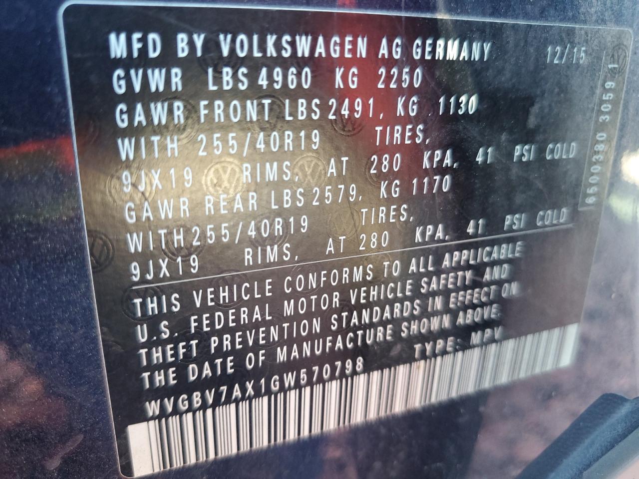 2016 Volkswagen Tiguan S VIN: WVGBV7AX1GW570798 Lot: 70086185