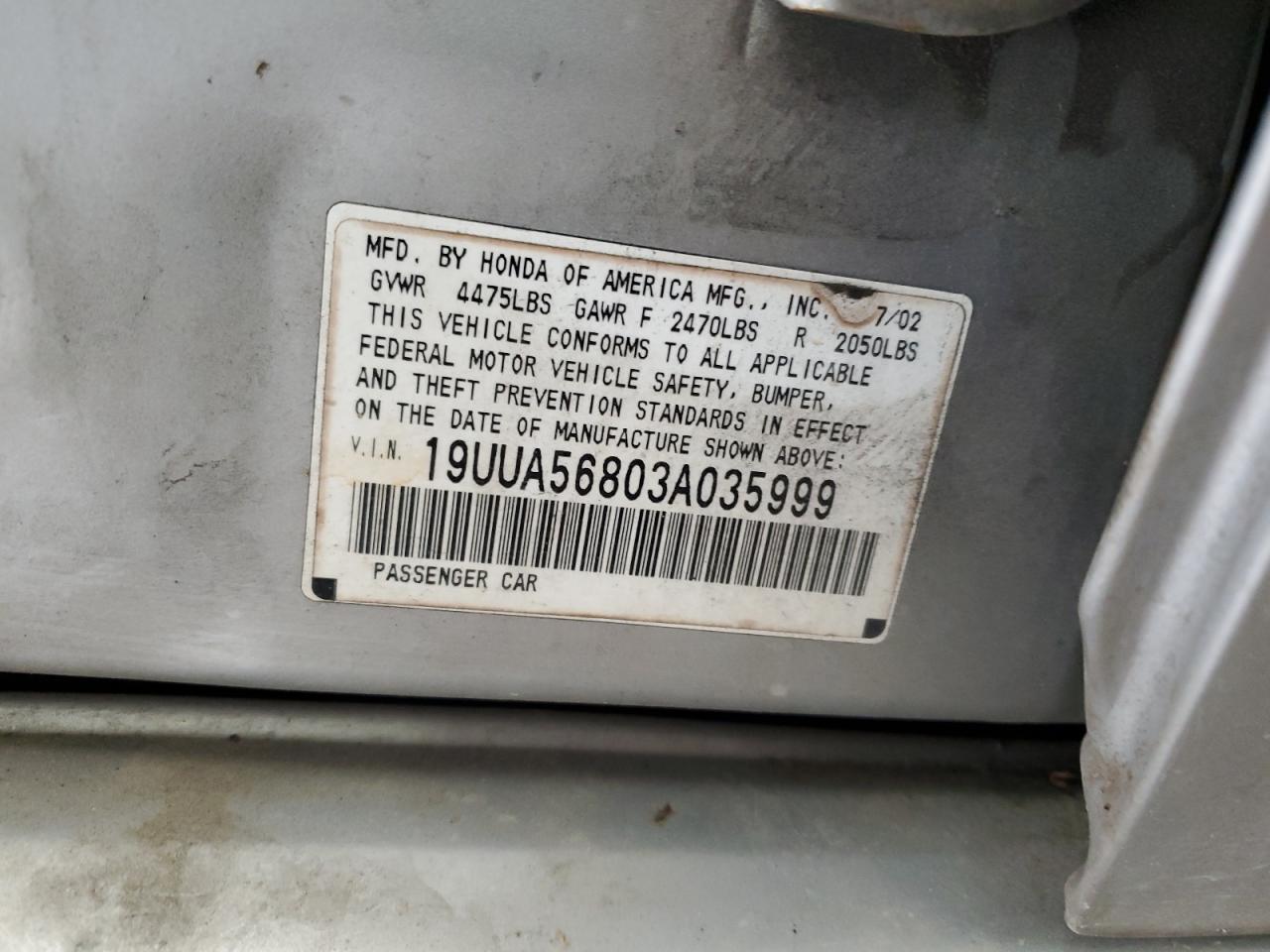 2003 Acura 3.2Tl Type-S VIN: 19UUA56803A035999 Lot: 89874885