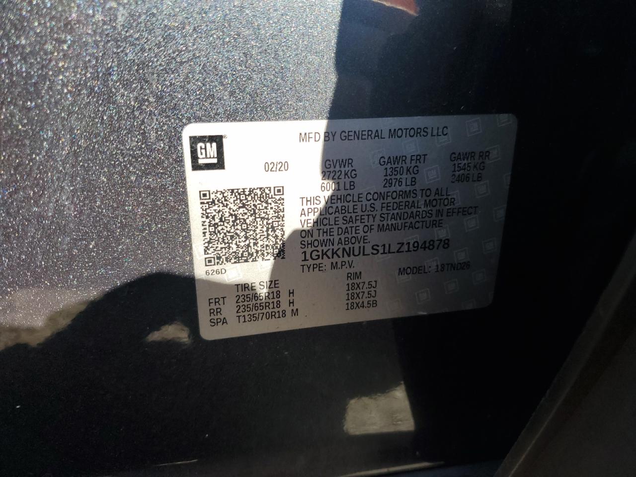 2020 GMC Acadia Slt VIN: 1GKKNULS1LZ194878 Lot: 82335185