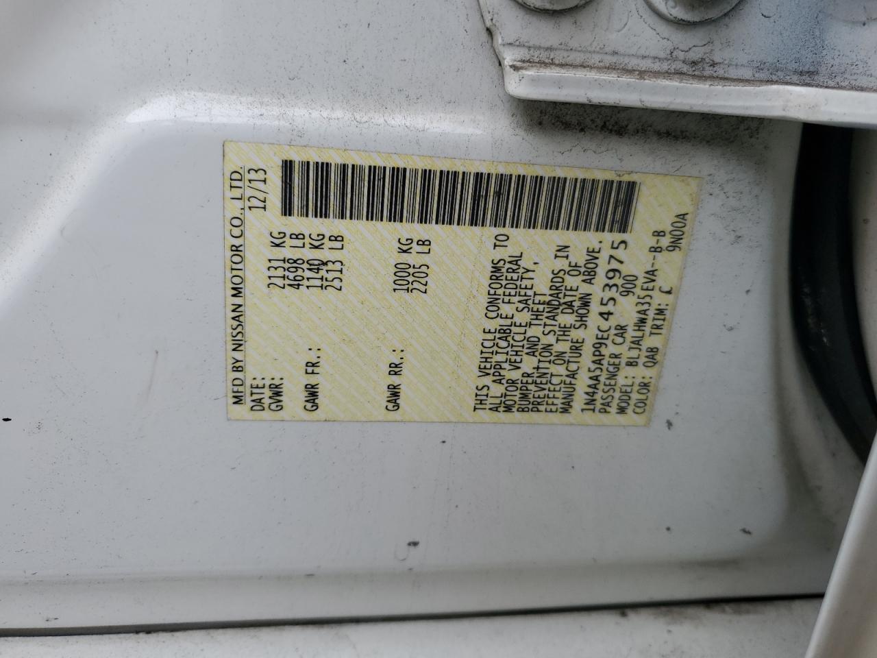 2014 Nissan Maxima S VIN: 1N4AA5AP9EC453975 Lot: 89834215