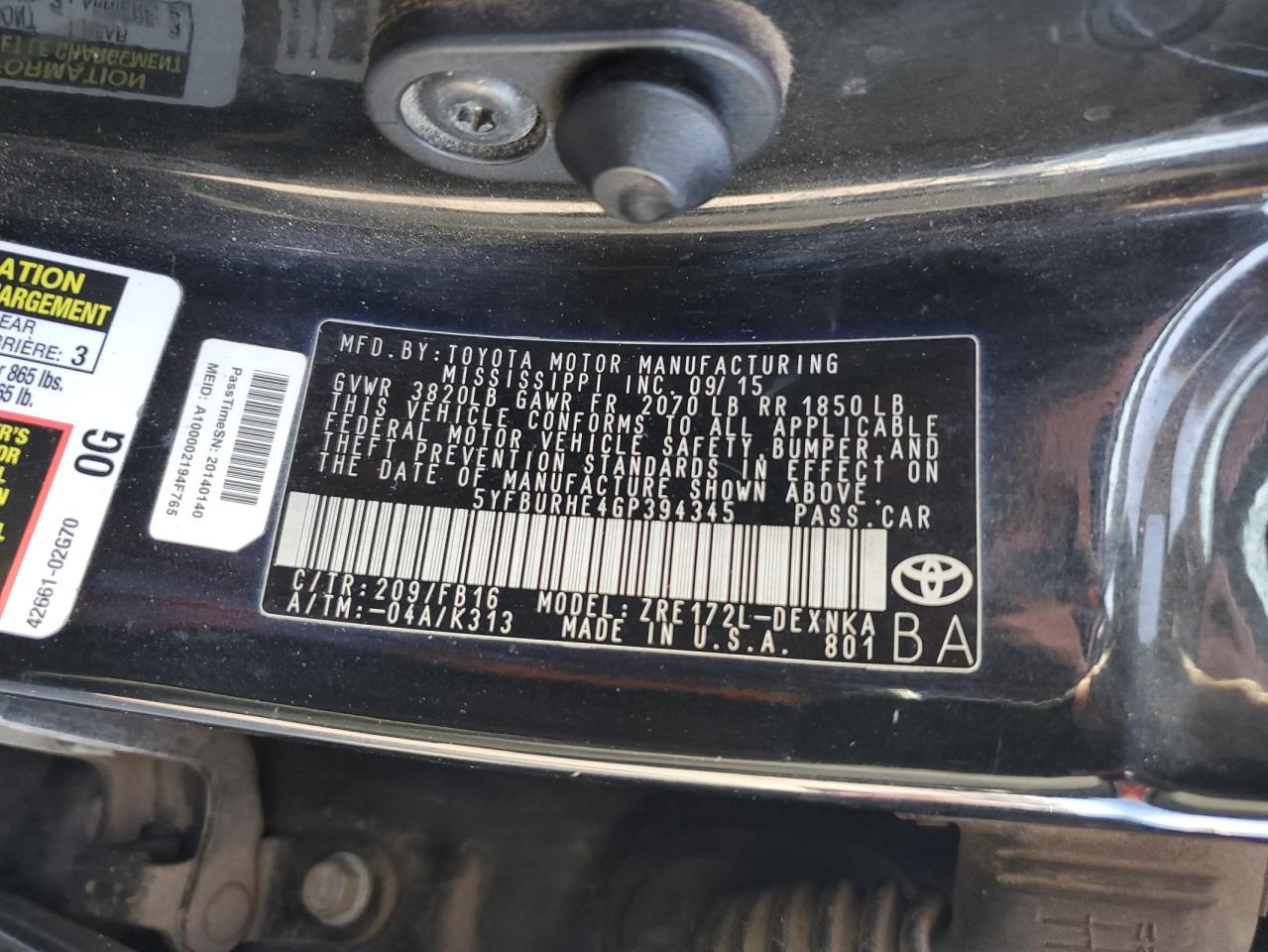 2016 Toyota Corolla L VIN: 5YFBURHE4GP394345 Lot: 82364165