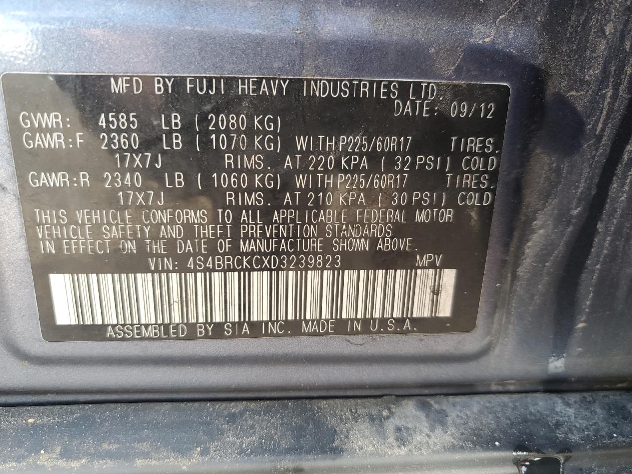 2013 Subaru Outback 2.5I Limited VIN: 4S4BRCKCXD3239823 Lot: 85005765