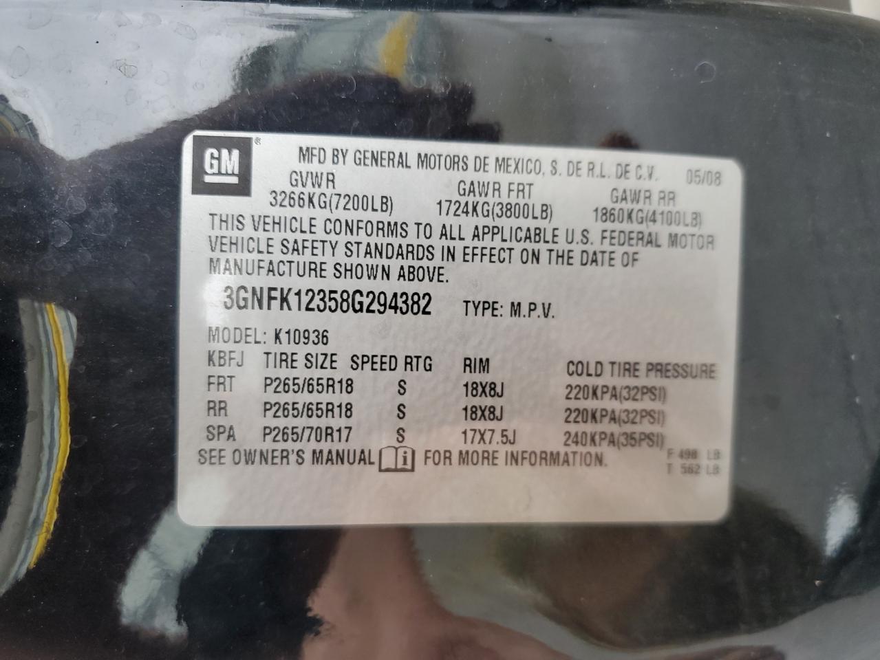 2008 Chevrolet Avalanche K1500 VIN: 3GNFK12358G294382 Lot: 85411225