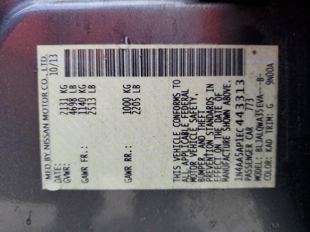 2014 Nissan Maxima S VIN: 1N4AA5AP1EC443313 Lot: 90073515