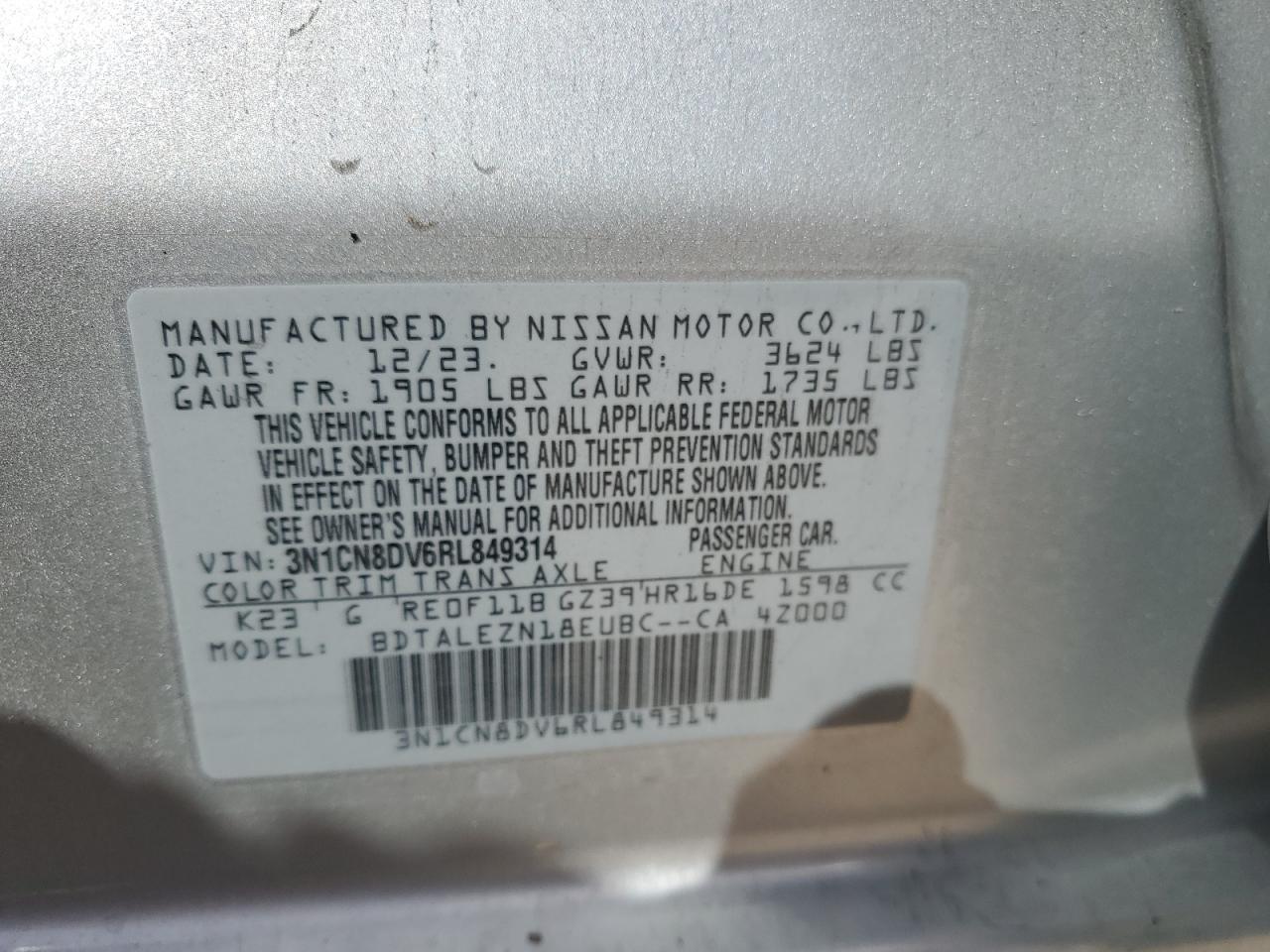 2024 Nissan Versa S VIN: 3N1CN8DV6RL849314 Lot: 82357505