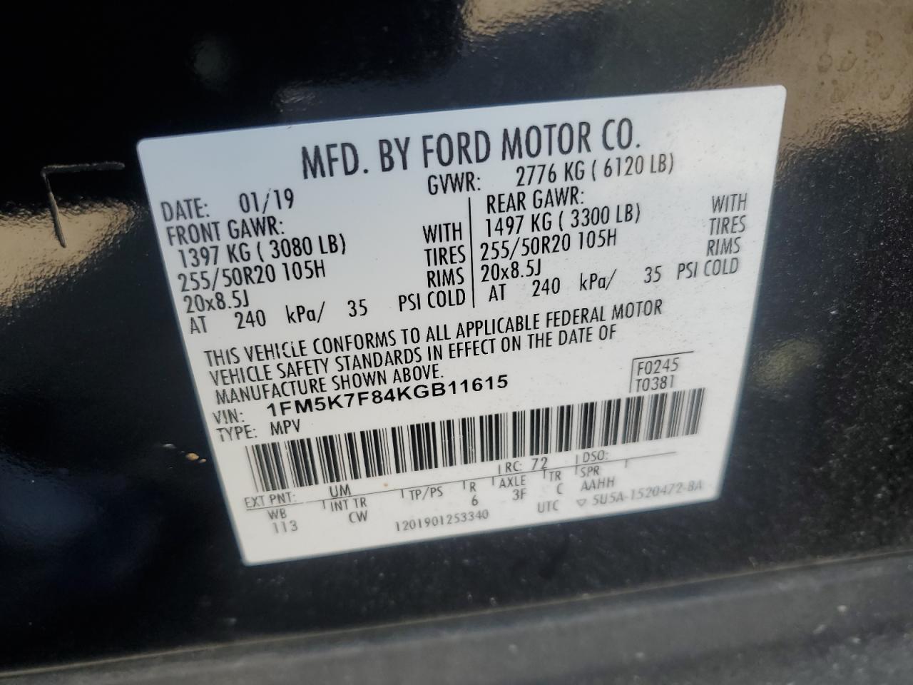 2019 Ford Explorer Limited VIN: 1FM5K7F84KGB11615 Lot: 86436785