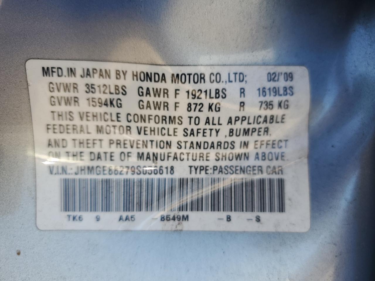 2009 Honda Fit VIN: JHMGE88279S056618 Lot: 85530525