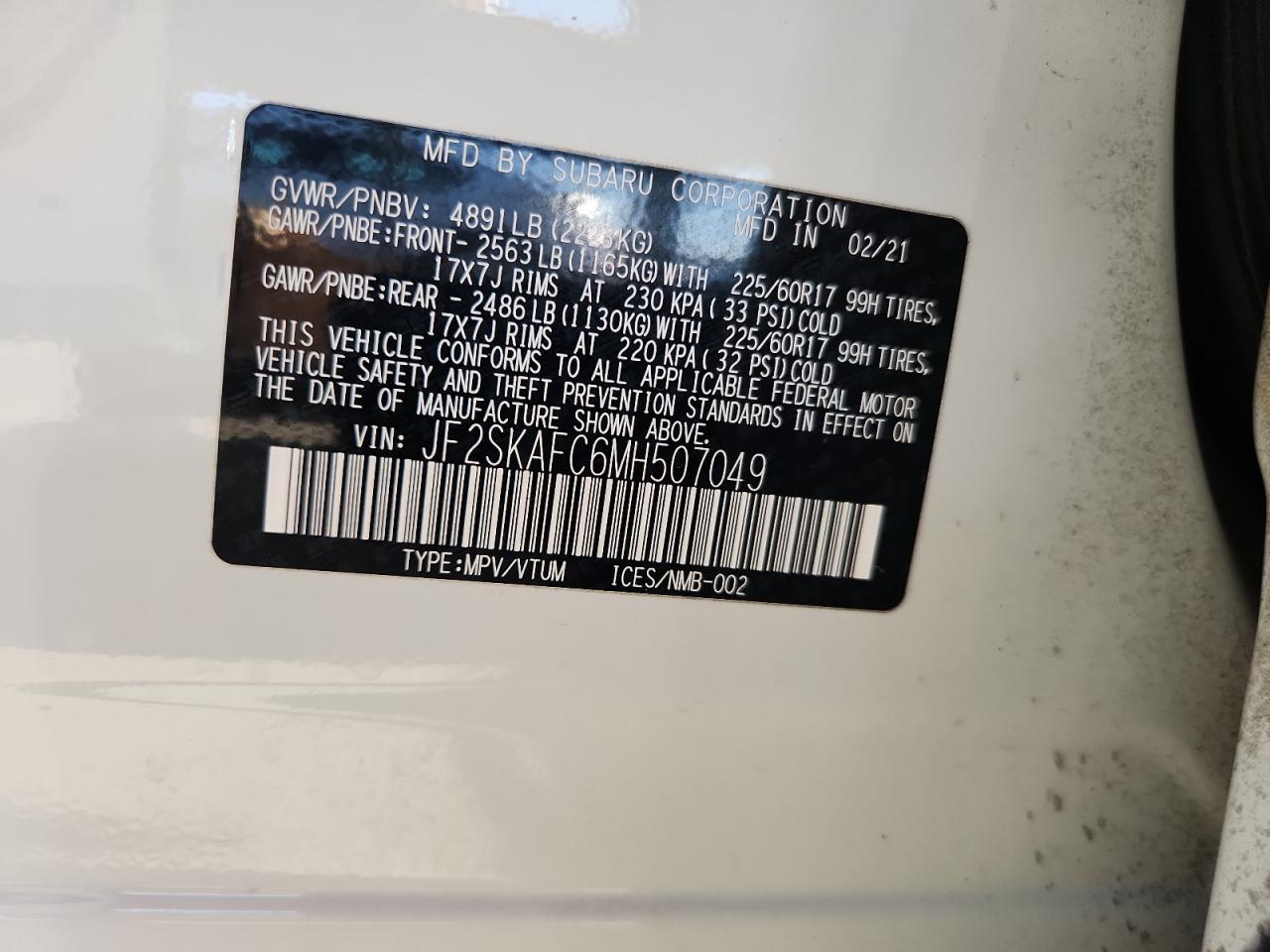 2021 Subaru Forester Premium VIN: JF2SKAFC6MH507049 Lot: 87376845