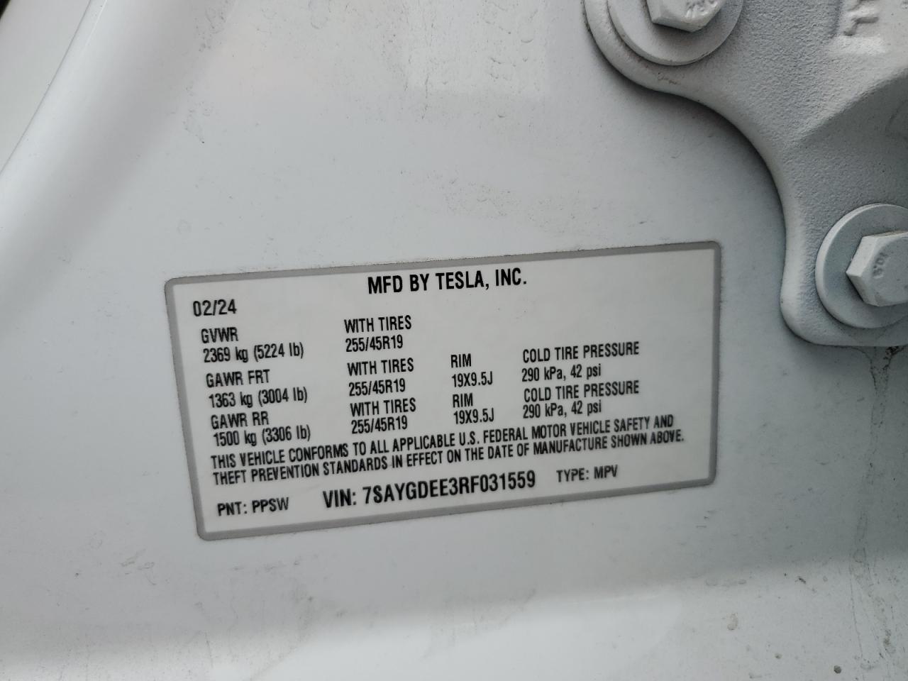 2024 Tesla Model Y VIN: 7SAYGDEE3RF031559 Lot: 86495325
