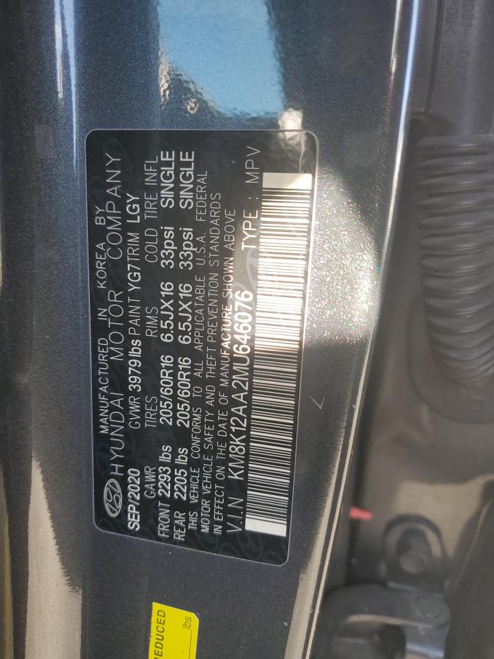 2021 Hyundai Kona Se VIN: KM8K12AA2MU646076 Lot: 89544695