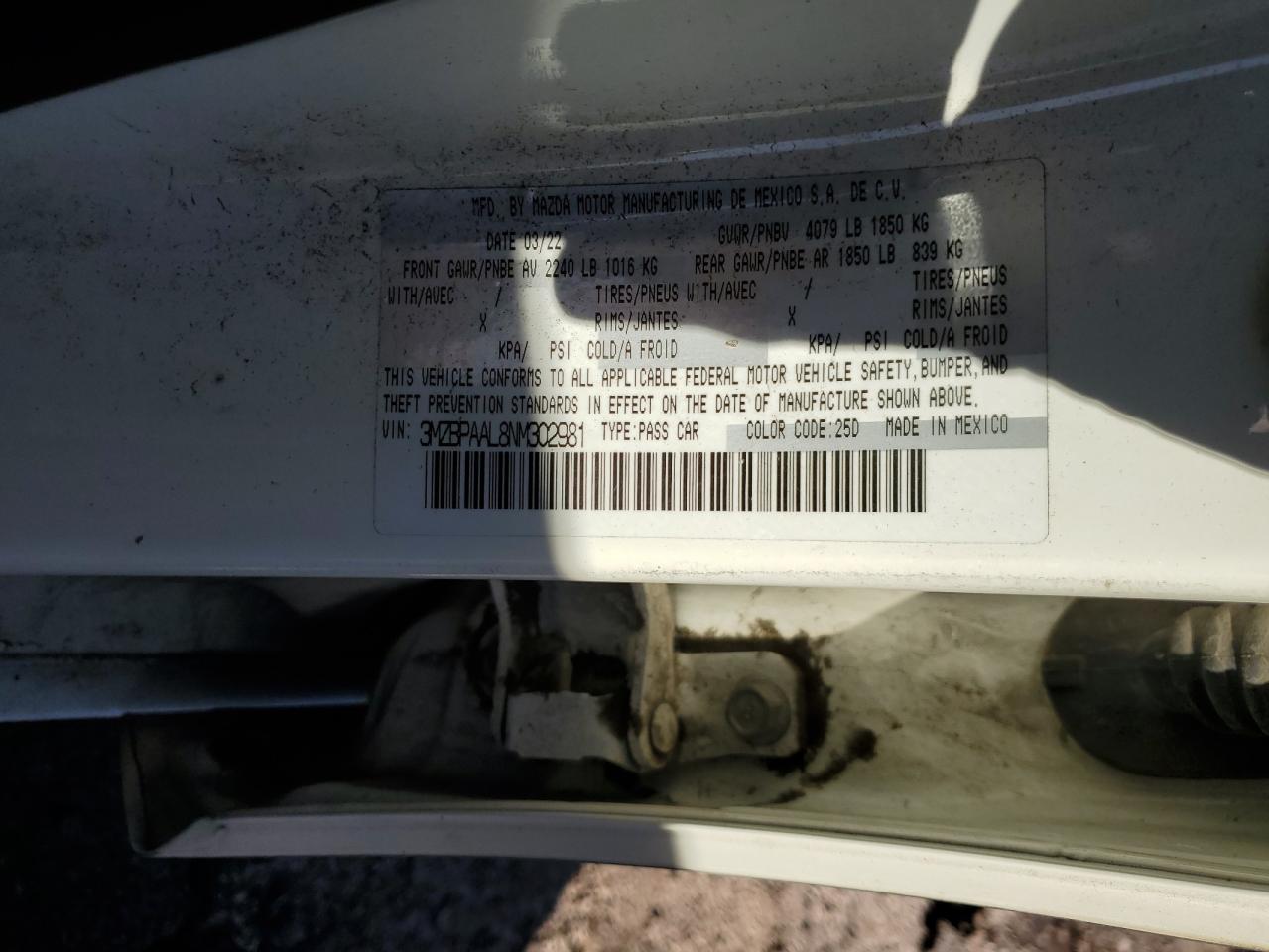 2022 Mazda 3 VIN: 3MZBPAAL8NM302981 Lot: 85755535