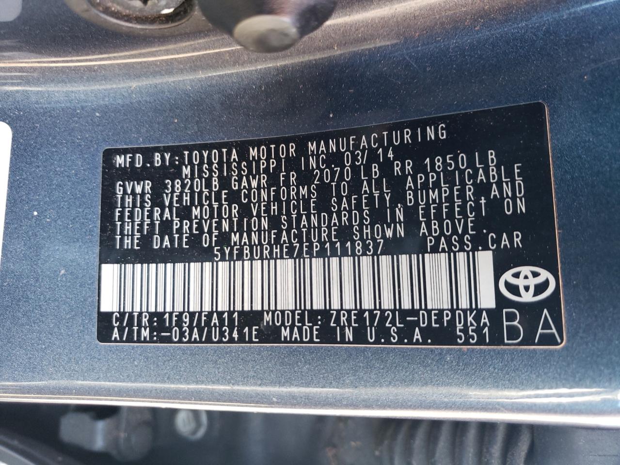 2014 Toyota Corolla L VIN: 5YFBURHE7EP111837 Lot: 85521865