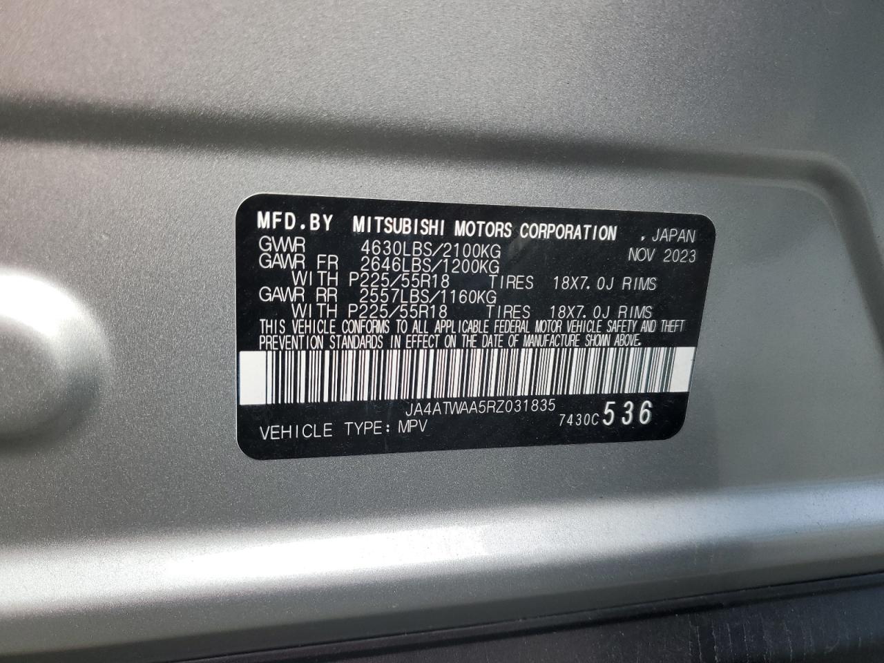 2024 Mitsubishi Eclipse Cross Se VIN: JA4ATWAA5RZ031835 Lot: 85364325