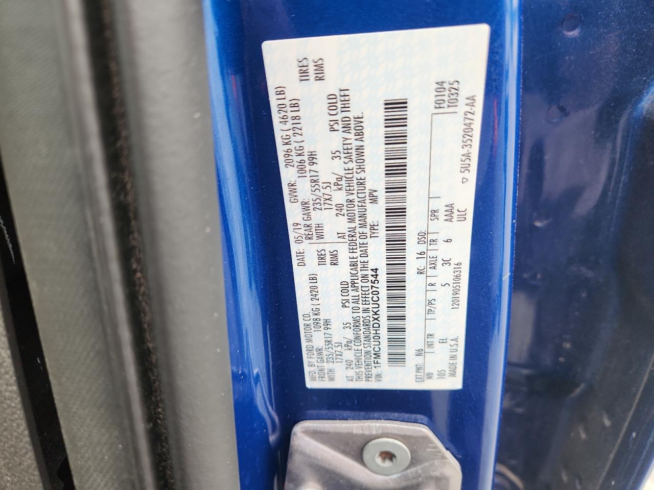 2019 Ford Escape Sel VIN: 1FMCU0HDXKUC07544 Lot: 86187865