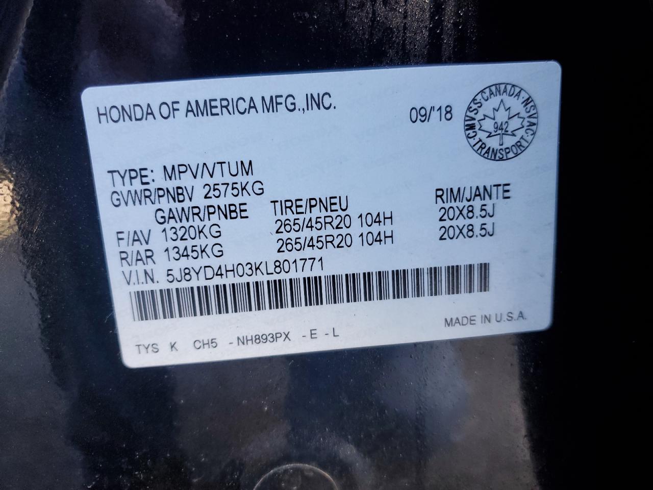 2019 Acura Mdx A-Spec VIN: 5J8YD4H03KL801771 Lot: 89878965