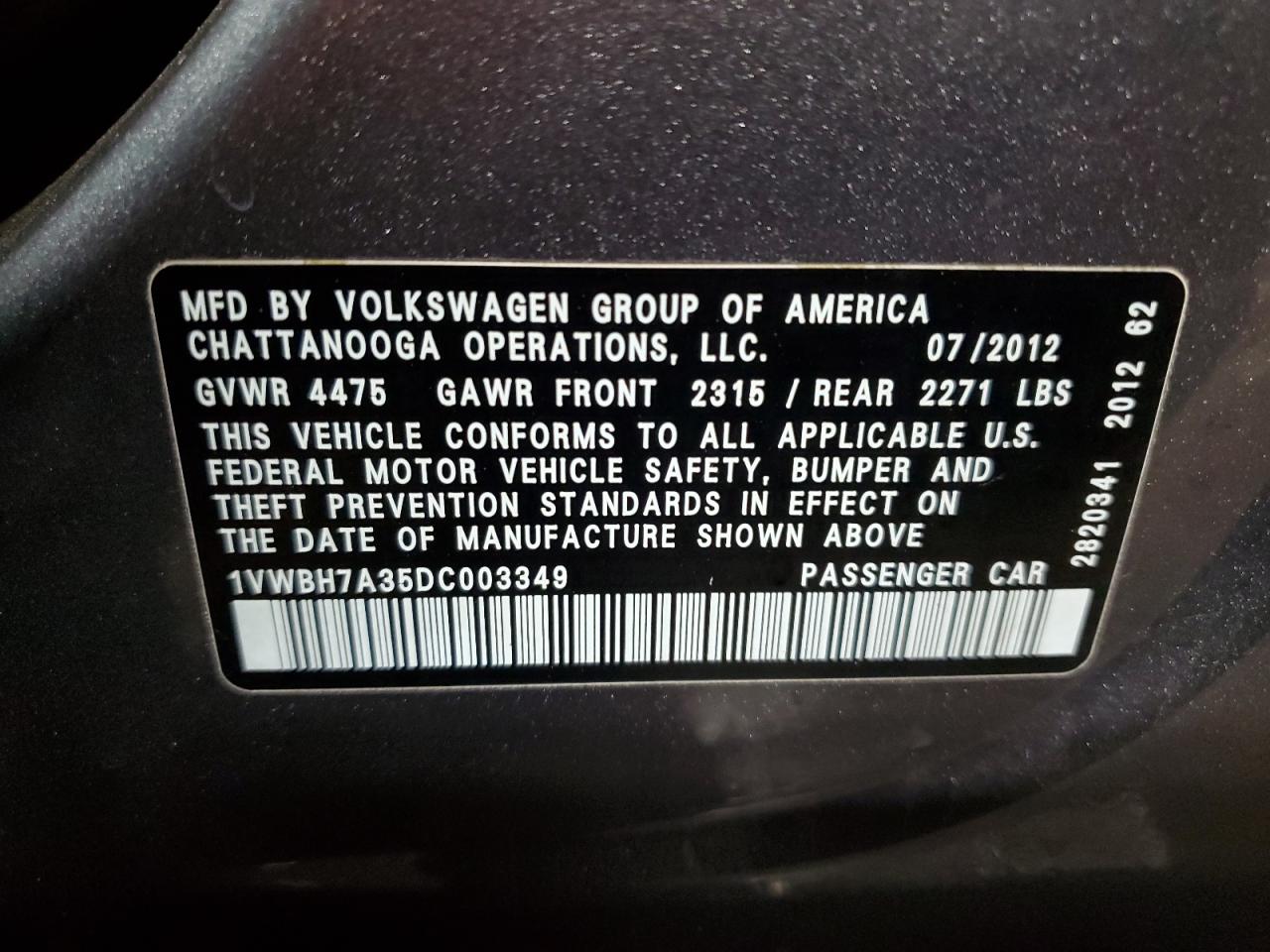 2013 Volkswagen Passat Se VIN: 1VWBH7A35DC003349 Lot: 86280935