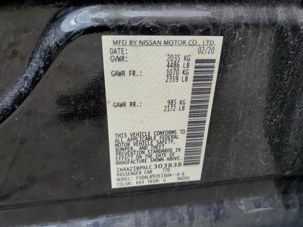 2020 Nissan Leaf S VIN: 1N4AZ1BPXLC303838 Lot: 90121765