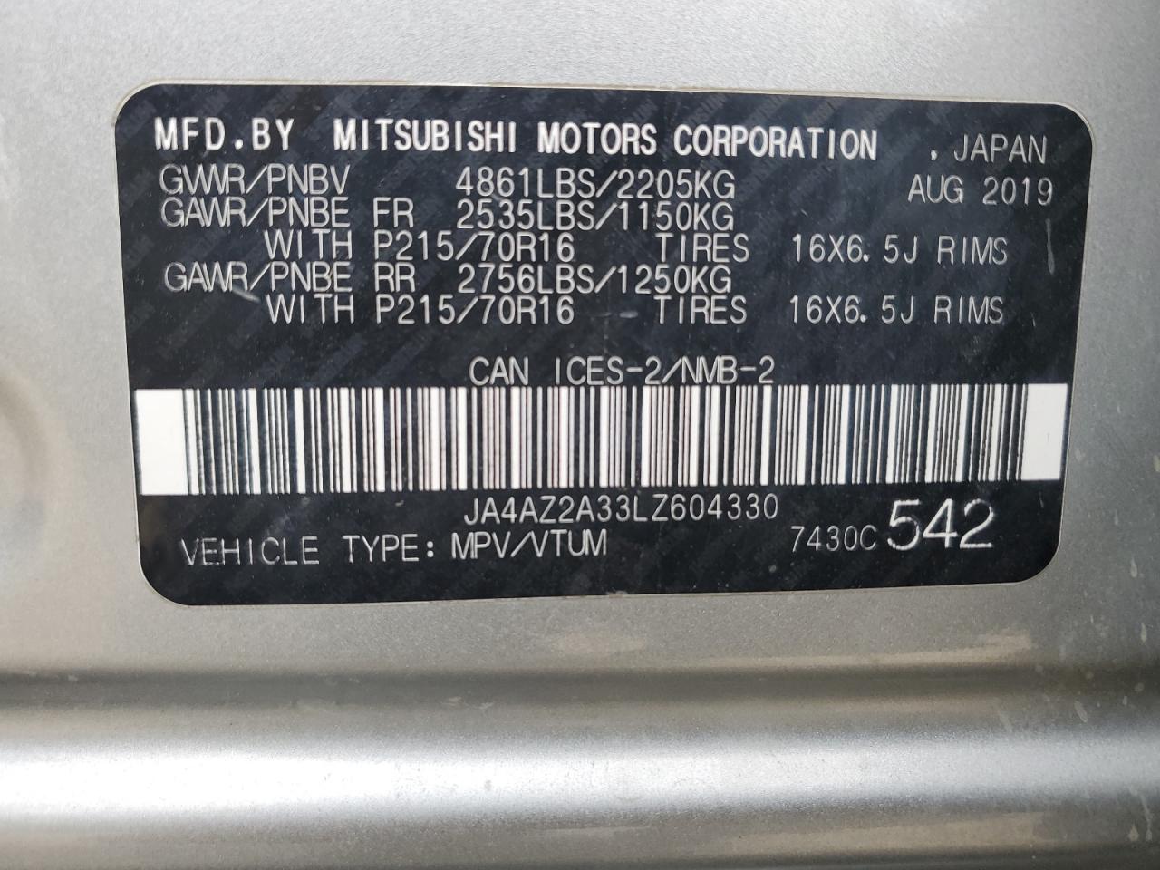 2020 Mitsubishi Outlander Es VIN: JA4AZ2A33LZ604330 Lot: 89658485