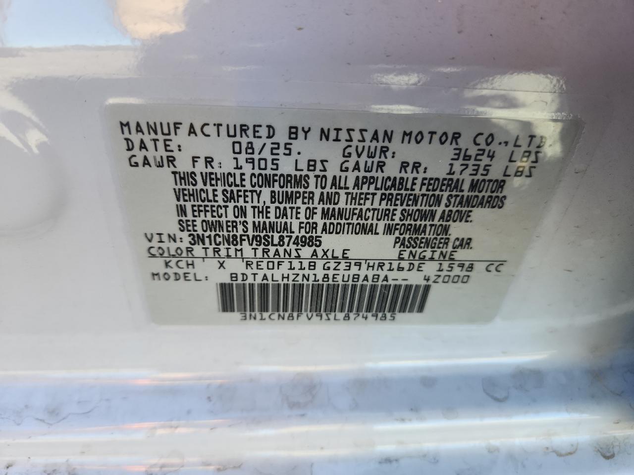 2025 Nissan Versa Sr VIN: 3N1CN8FV9SL874985 Lot: 85892535