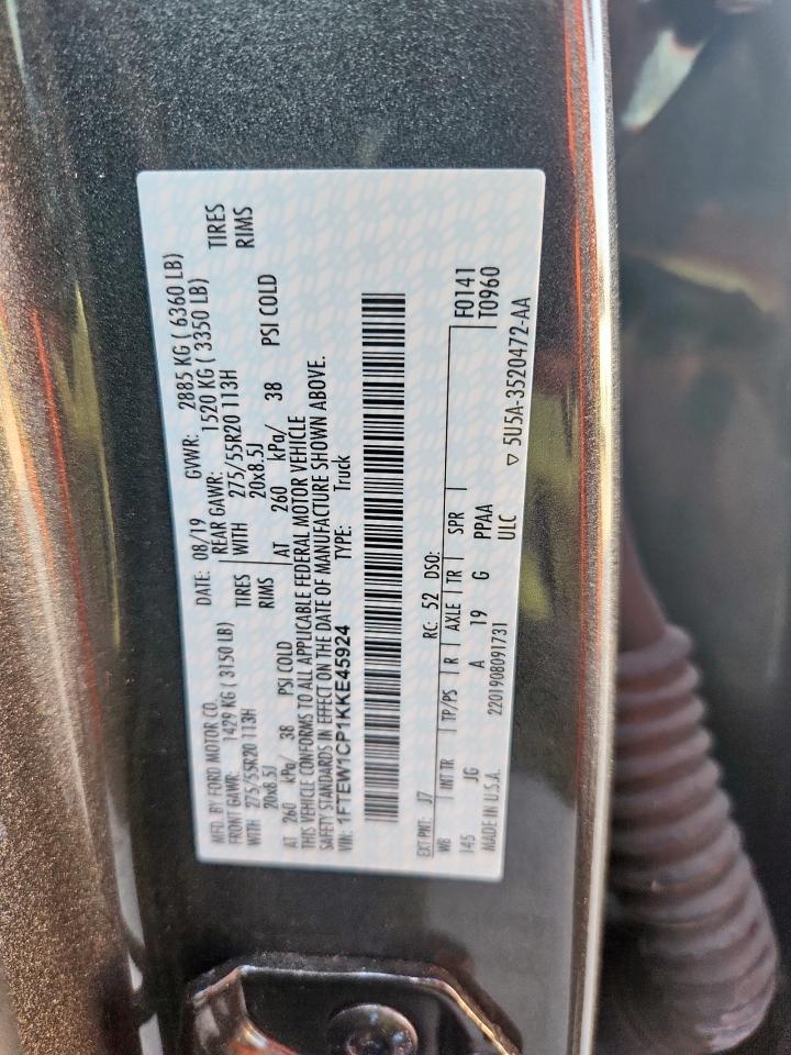 2019 Ford F150 Supercrew VIN: 1FTEW1CP1KKE45924 Lot: 85200575