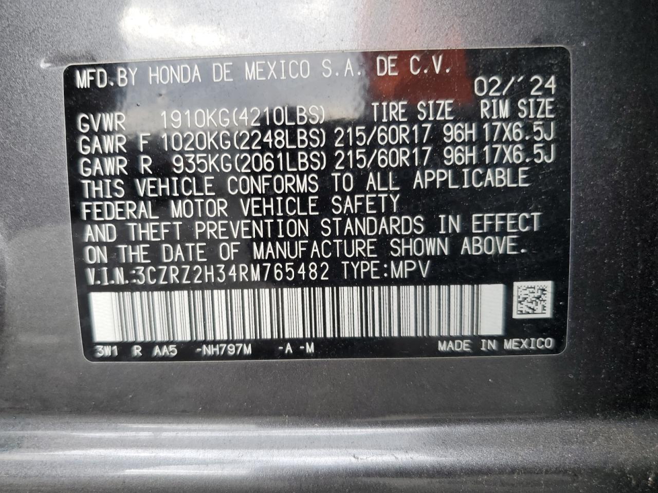 2024 Honda Hr-V Lx VIN: 3CZRZ2H34RM765482 Lot: 85642765