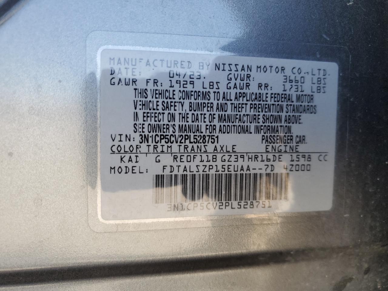 2023 Nissan Kicks Sv VIN: 3N1CP5CV2PL528751 Lot: 86133755