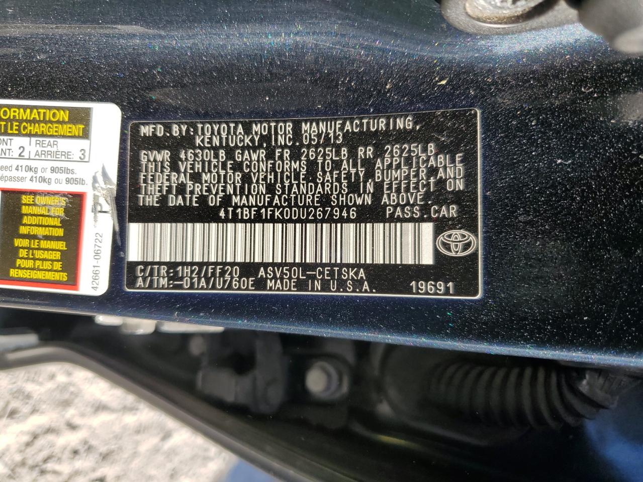 2013 Toyota Camry L VIN: 4T1BF1FK0DU267946 Lot: 85169545