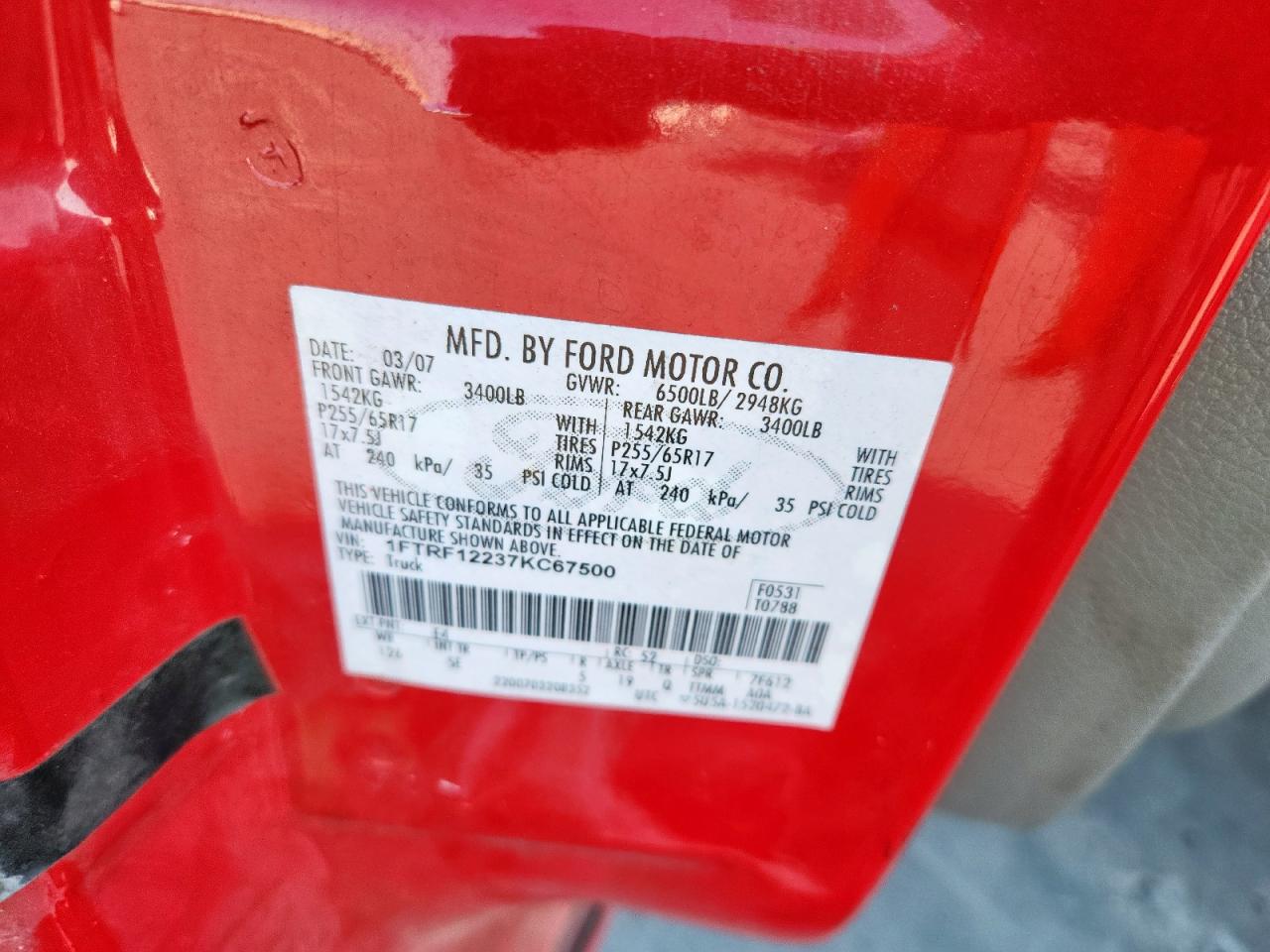 2007 Ford F150 VIN: 1FTRF12237KC67500 Lot: 82208665