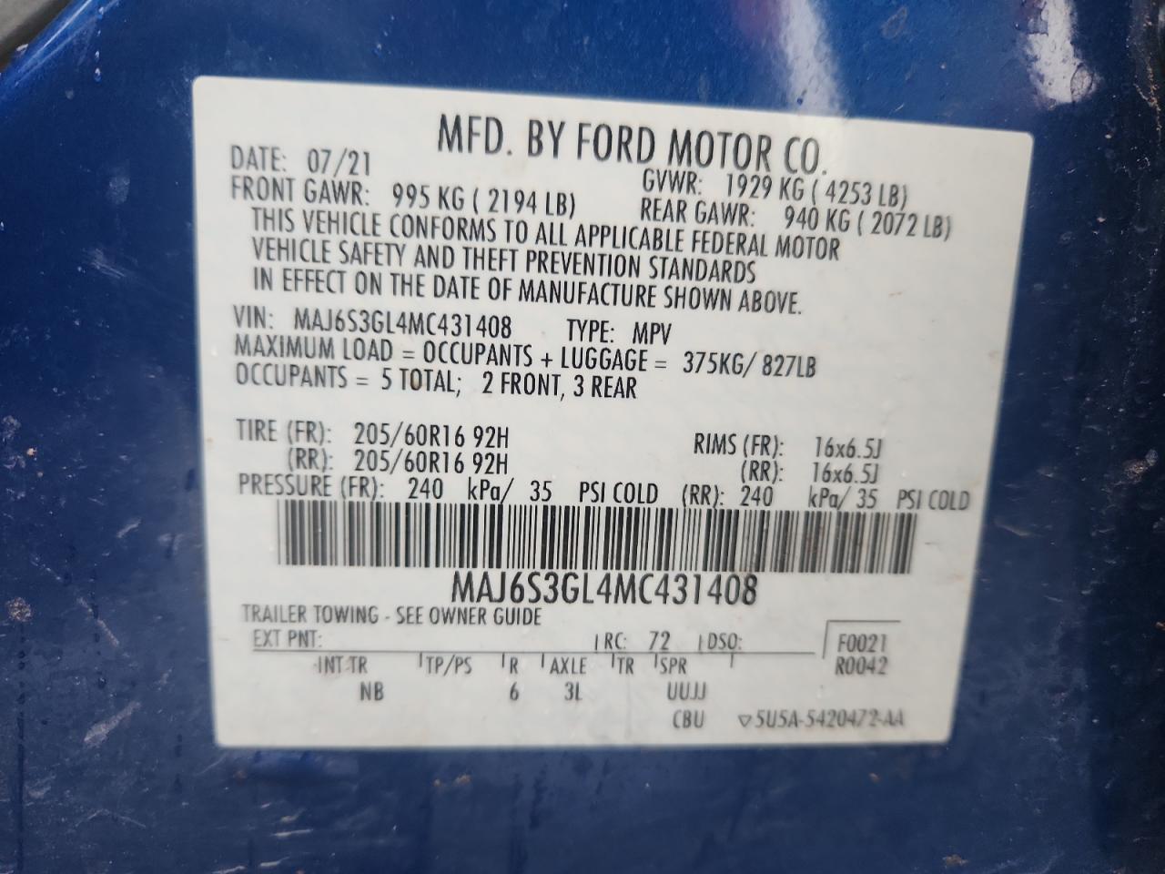 2021 Ford Ecosport Se VIN: MAJ6S3GL4MC431408 Lot: 85876005