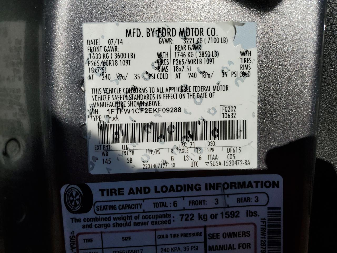 2014 Ford F150 Supercrew VIN: 1FTFW1CF2EKF09288 Lot: 90668055