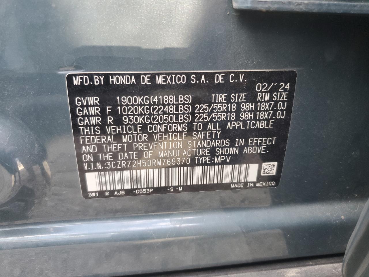 2024 Honda Hr-V Sport VIN: 3CZRZ2H50RM769370 Lot: 89692385